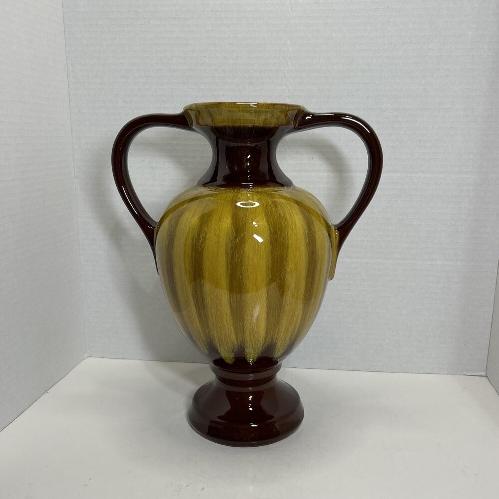 Vtg Blue Mountain Pottery Gold Drip Glaze Double Handled 12" Urn Vase Redware